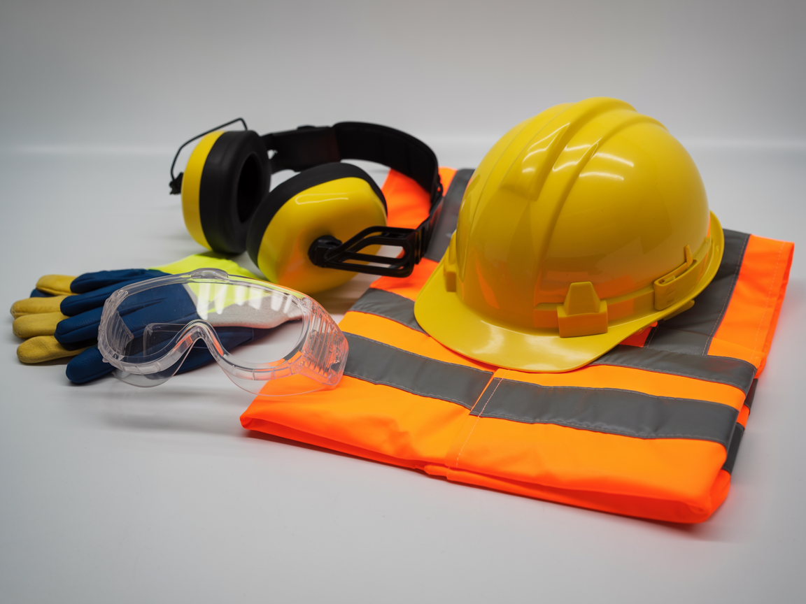 Professional safety equipment including hard hat, safety goggles, gloves and protective gear